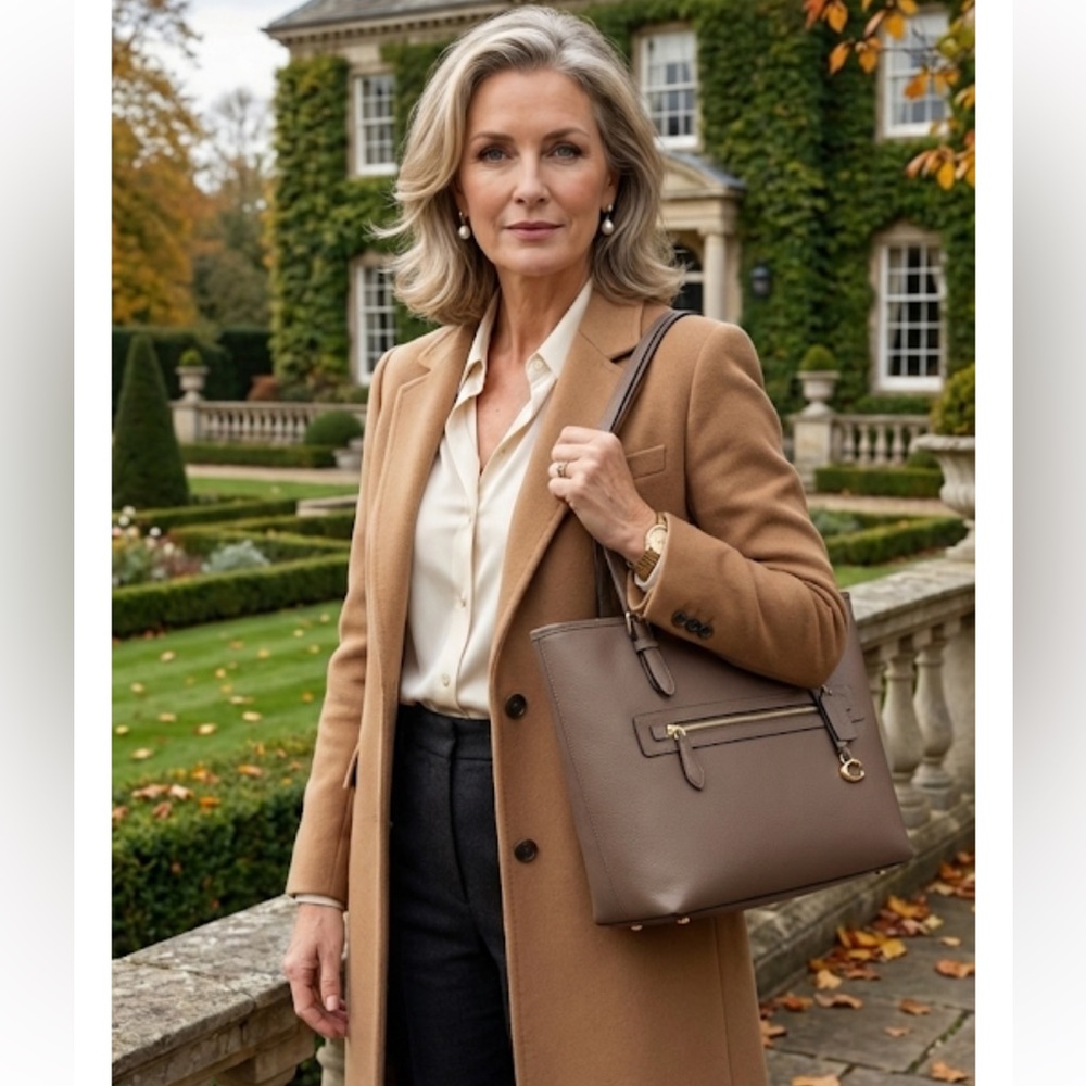 COACH Taylor Pebbled Leather Gold Tone Tote Bag - Dark Stone